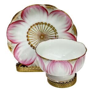 EW Princess Japan bowl & saucer set white pink gold lotus flower porcelain